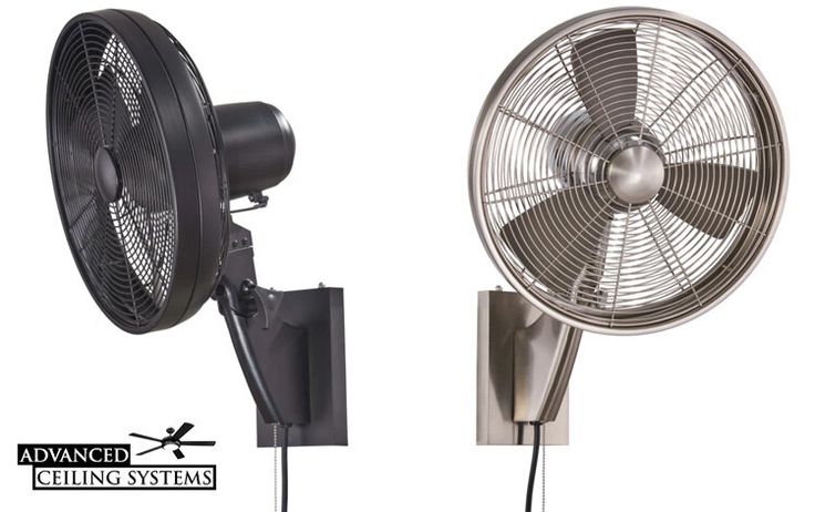 the wall mounted fan is next to an electrical outlet