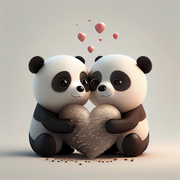 two panda bears sitting next to each other with hearts coming out of their mouths and noses