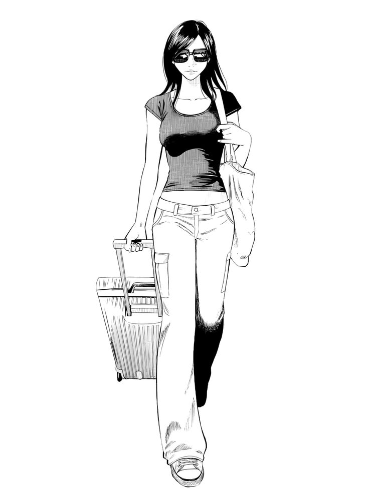 a black and white drawing of a woman walking down the street with her handbag