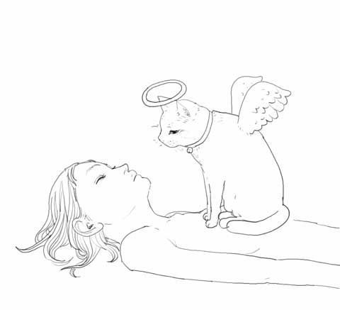 a woman laying down next to a cat with an angel on her head and wings above her head