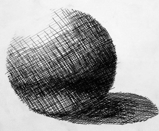 a black and white drawing of a round object on a sheet of paper that has been drawn