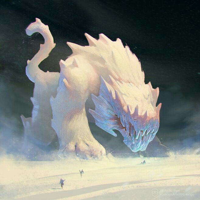 a large white dragon standing on top of a snow covered ground next to another creature