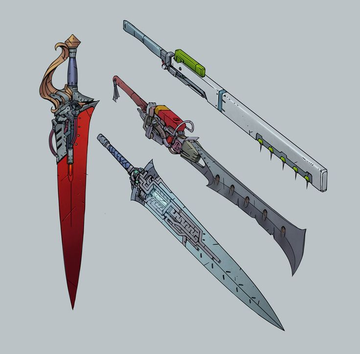 some very nice looking swords and knives on a gray background