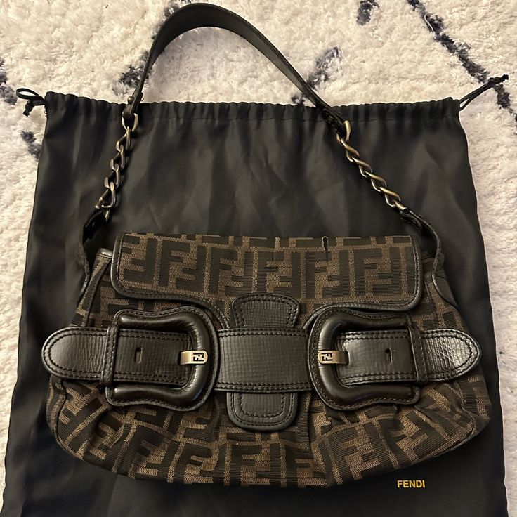 Fendi Monogram Bag With 2 Leather Belt Buckles, Leather And Chain Strap. There Are 2 Tears Pictured. Fendi Monogram Bag, Leather Belt Buckle, Tan Brown, Fendi Bags, Chain Strap, Leather Belt, Belt Buckles, Fendi, Bag Lady