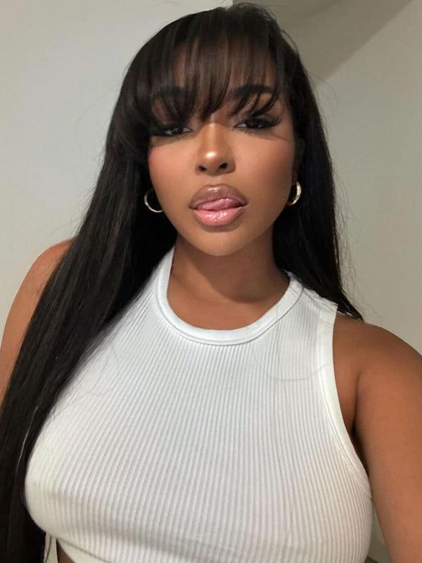 Hair Name: Bangs Wig Hair Style: Straight Wigs With Bangs Hair Length: 8-30 inch Wig Weight: 200-320g/Wig (Depending on Lengths and Density) Color: Natural Black #1B Density: 180% Cap Size: Medium, about 22.5inches Quality: 100% Virgin Human Hair Last for One More Year Hairline Bangs Shipment: DHL, FedEx, or UPS 5-7 business days. Black Wigs With Bangs, Bang Side Part Wig, Bangs Wigs For Black Women, Bang Wigs For Black Women, Bangs Wig Black Women, Bang Wig Hairstyles, Razor Bangs, Lace With Bangs, Frontal Wig With Bangs