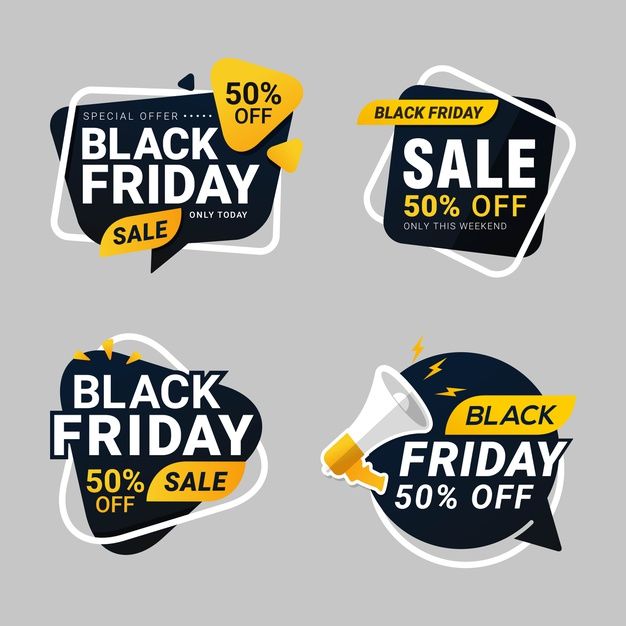 four black friday sale stickers with different styles and colors on the back, one is for