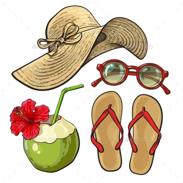 a set of beach items including an umbrella, hat and flip flops