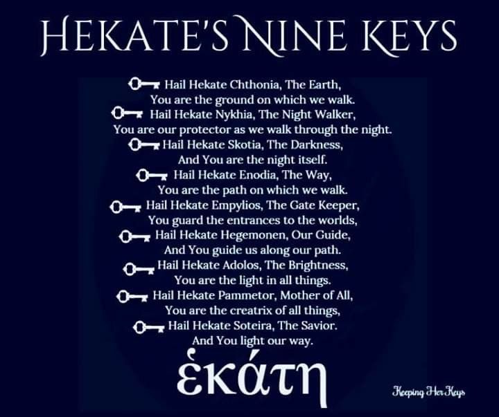 the poem hekate's nine keys is shown in white on a black background