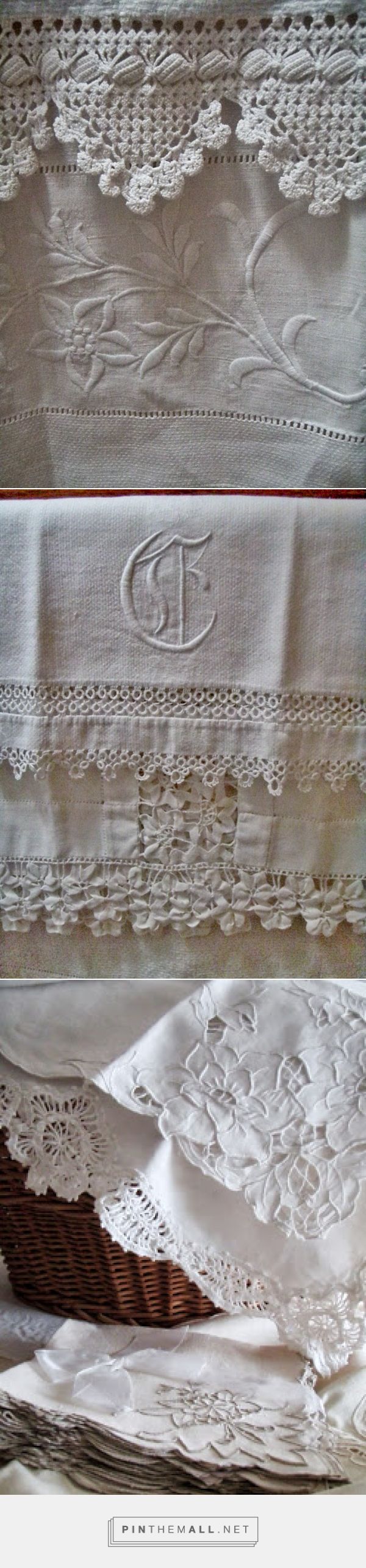 three different types of white lace on fabric