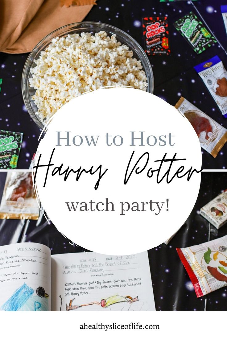 the words how to host harry potter watch party on top of a table with movies and snacks