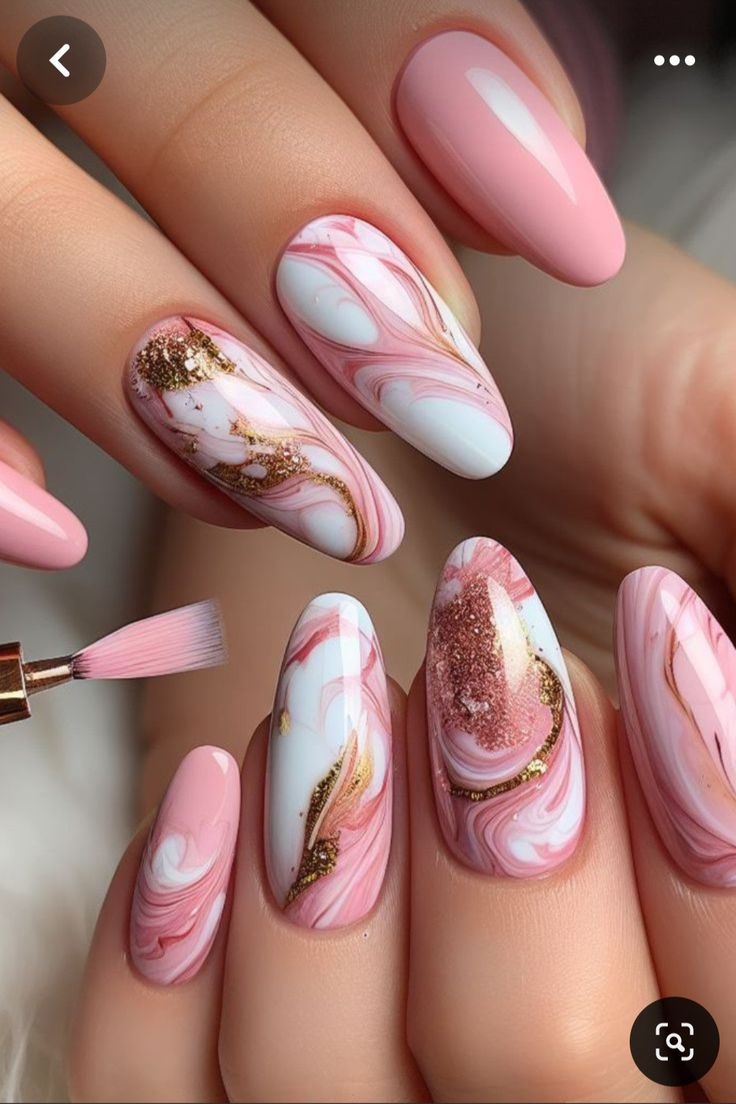 Cute Nail Ideas Ombre, Nails Pink Design Ideas, In Trend Nails, Pink Nails Nail Art, Light Pink Marble Nail Designs, Pink Almond Nails Design Nailart, Gel Nails Ideas 2024, Pastel Marble Nail Art, Cute Unique Nail Ideas