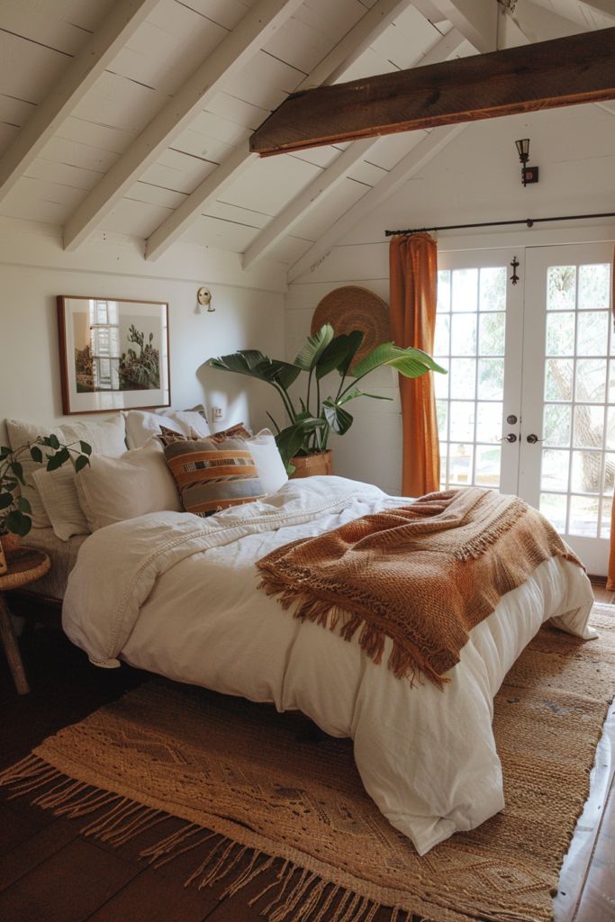 a large bed sitting under a window in a bedroom