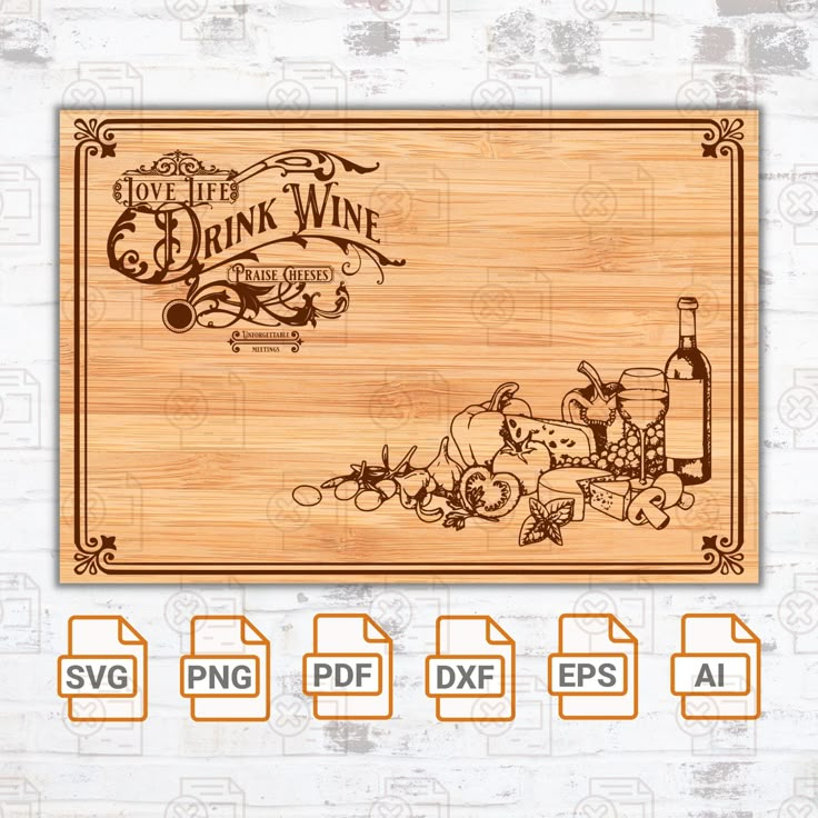 a wooden cutting board with the words drink wine on it and an image of cartoon characters