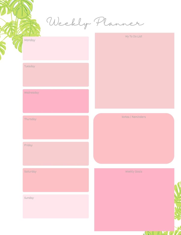 a pink planner with green leaves on the top and bottom, in front of a white background