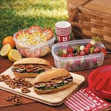 sandwiches, pretzels and fruit on a picnic table with coolers in the background