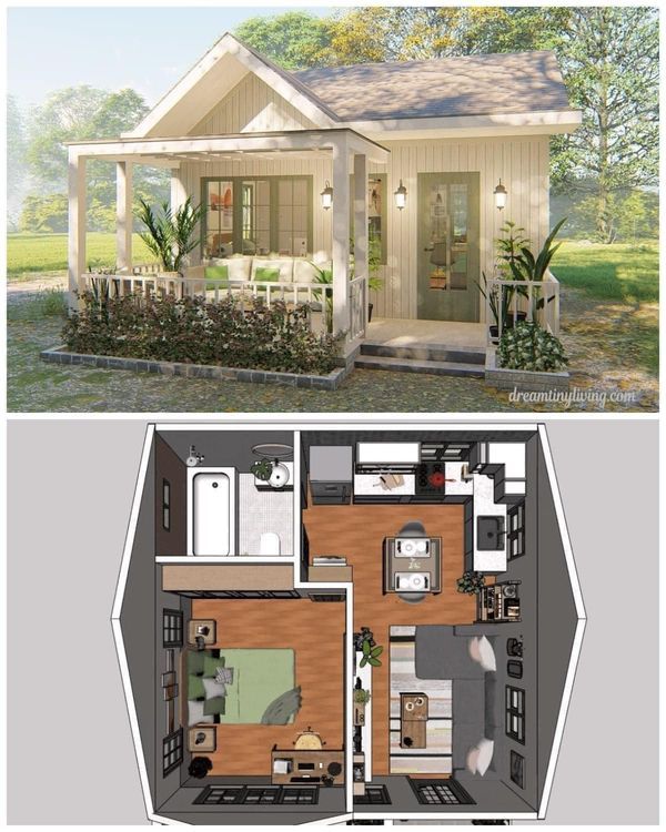 the floor plan for a small house with an attached porch and living room in it