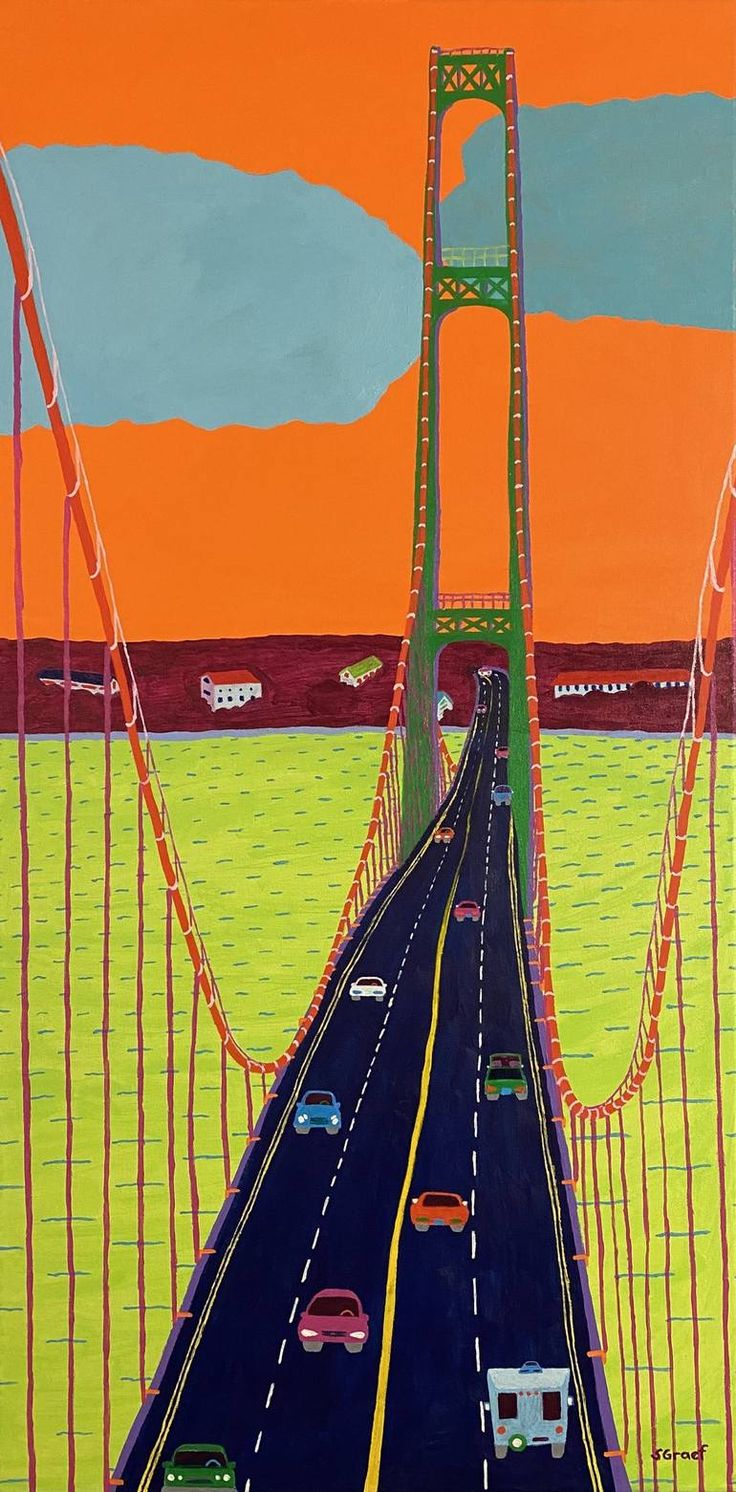 a painting of cars driving across a bridge