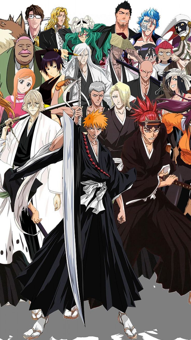 an image of anime characters with swords in front of the camera and onlookers behind them