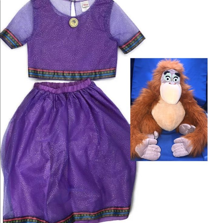 a stuffed monkey wearing a purple dress next to an image of a doll dressed up as a gorilla