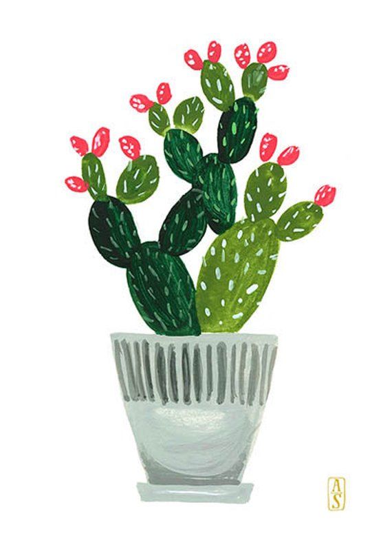 a painting of a potted cactus with red flowers in it's center, on a white background