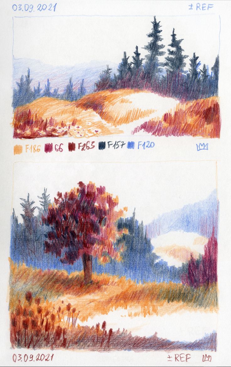 two colored pencil drawings of trees and hills