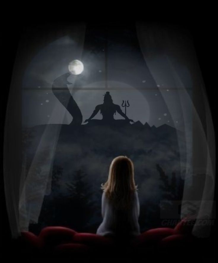 a woman sitting in front of a window looking out at the night sky and moon