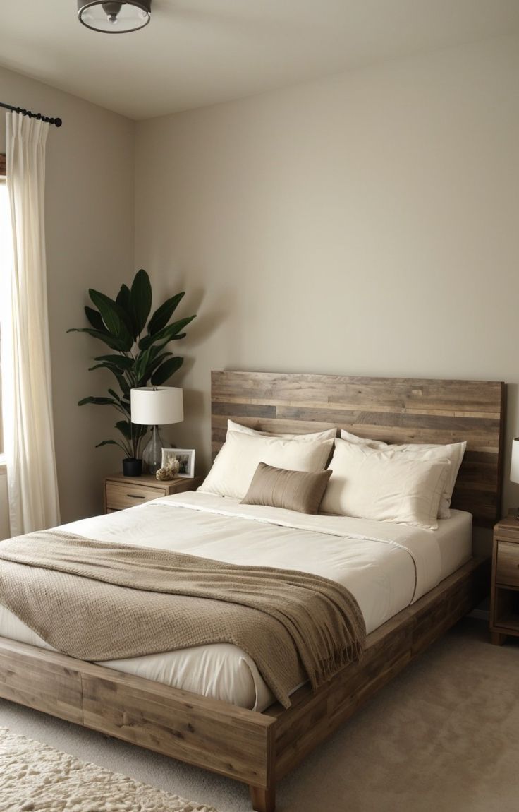 a bedroom with a bed, nightstands and plants in the corner on either side