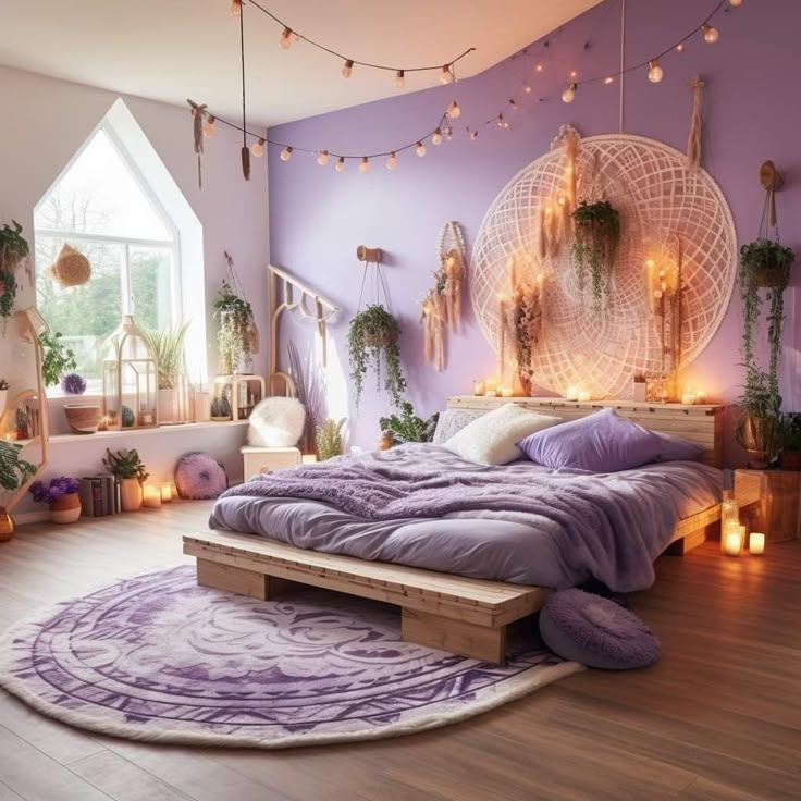 a bedroom decorated in purple and white with plants on the wall, lights strung over the bed