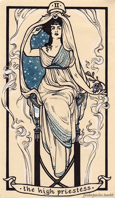 the high priestess tarot card with an image of a woman sitting on a chair