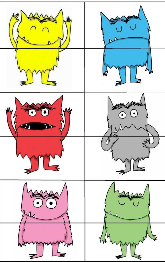 four different colored monsters with their mouths open and eyes wide, standing in front of each other