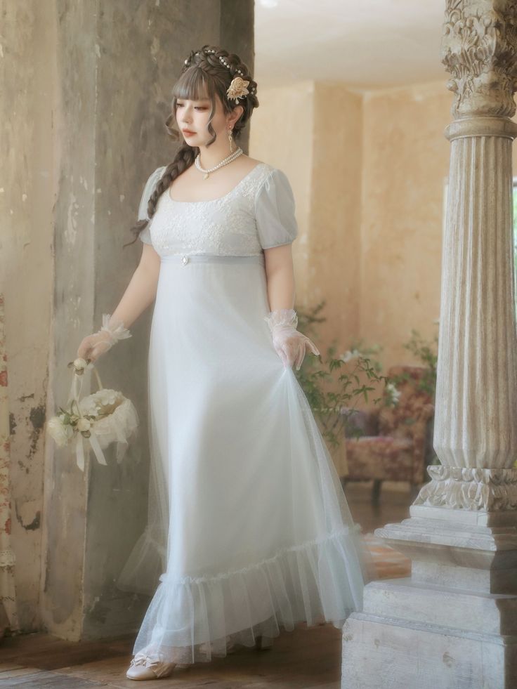 This price includes a dress and a blue ribbon.  Flatter your curves with our Plus Size Friendly Blue Elegant Empire Waist Dress! This classic Lolita OP features a timeless empire waist design, ensuring a beautiful silhouette for all body shapes. Embrace elegance and comfort with this stunning piece that is perfect for any special occasion.   	 		 			Size 			S 			M 			L 			XL 			2XL 			3XL 			4XL 			5XL 			6XL 		 		 			Bust 			87 			92 			97 			102 			108 			114 			120 			126 			132 		 		 			Unde Empire Cut Dress, Different Wedding Dresses, Empire Waist Gown, Steampunk Fashion Male, Gothic Skirts, Classic Lolita, Beautiful Silhouette, Empire Waist Dress, Outfits With Hats