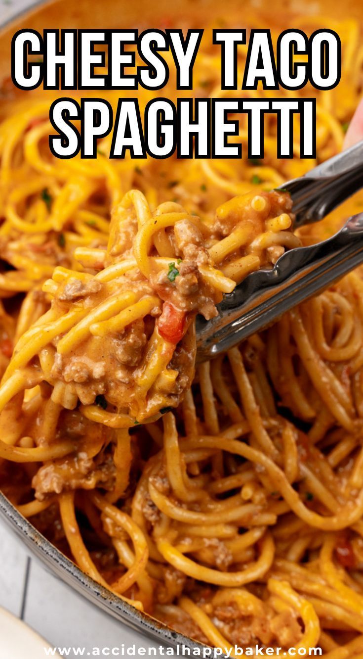 a person holding a fork over spaghetti in a pan with the words cheesy taco spaghetti on it