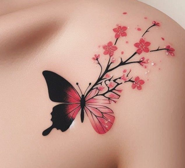 a woman's breast with a butterfly and flowers on it