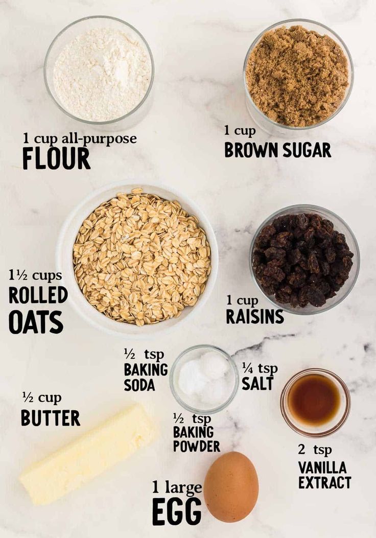 ingredients to make an oatmeal recipe on a marble countertop with text overlay