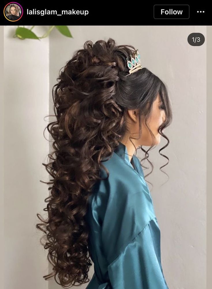 Quince Hair Extensions, Long Quinceanera Hairstyles, 15nera Hair Styles, Long Hairstyles For Quinceanera, Long Hair Styles For Quinceañera, Curly Quince Hair, Quince Updos With Crown, Quince Hair Braid, 15th Hairstyles Hair Ideas