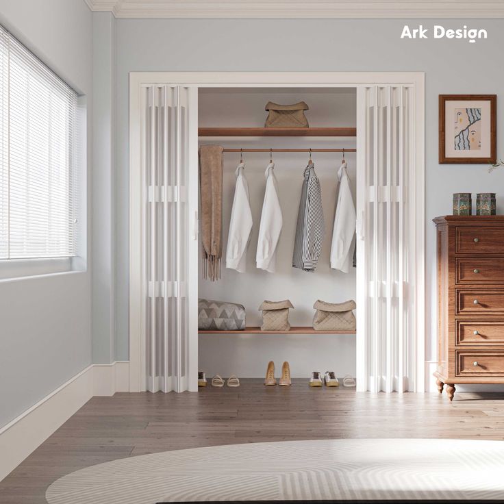 an open closet with clothes and shoes hanging on the door, next to a dresser