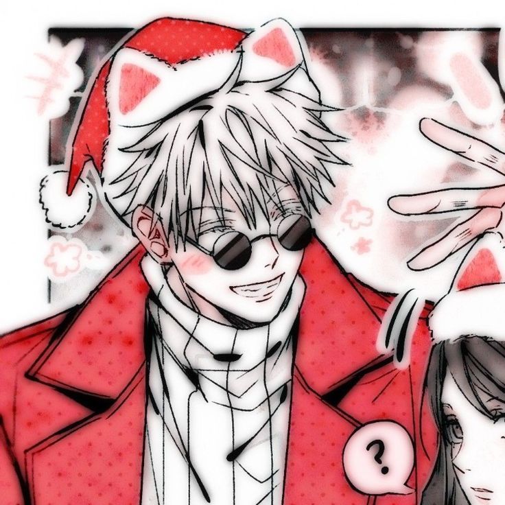 two anime characters wearing santa hats and glasses