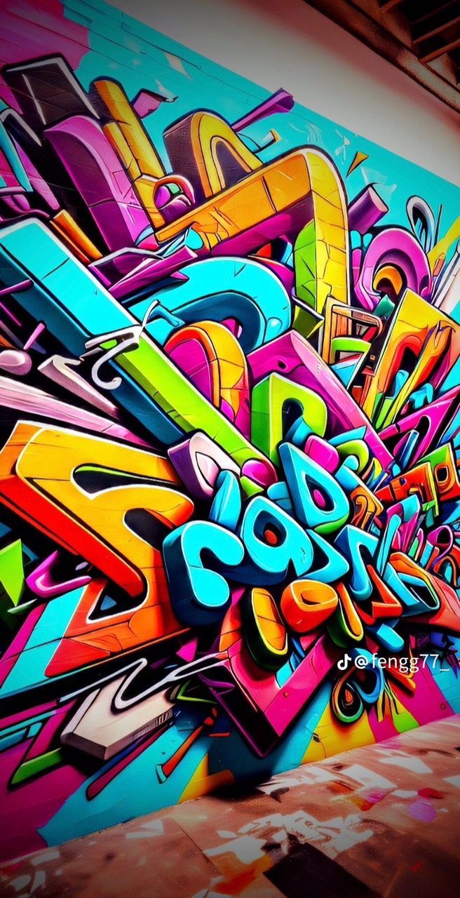 an image of graffiti on the side of a wall with lots of colors and shapes