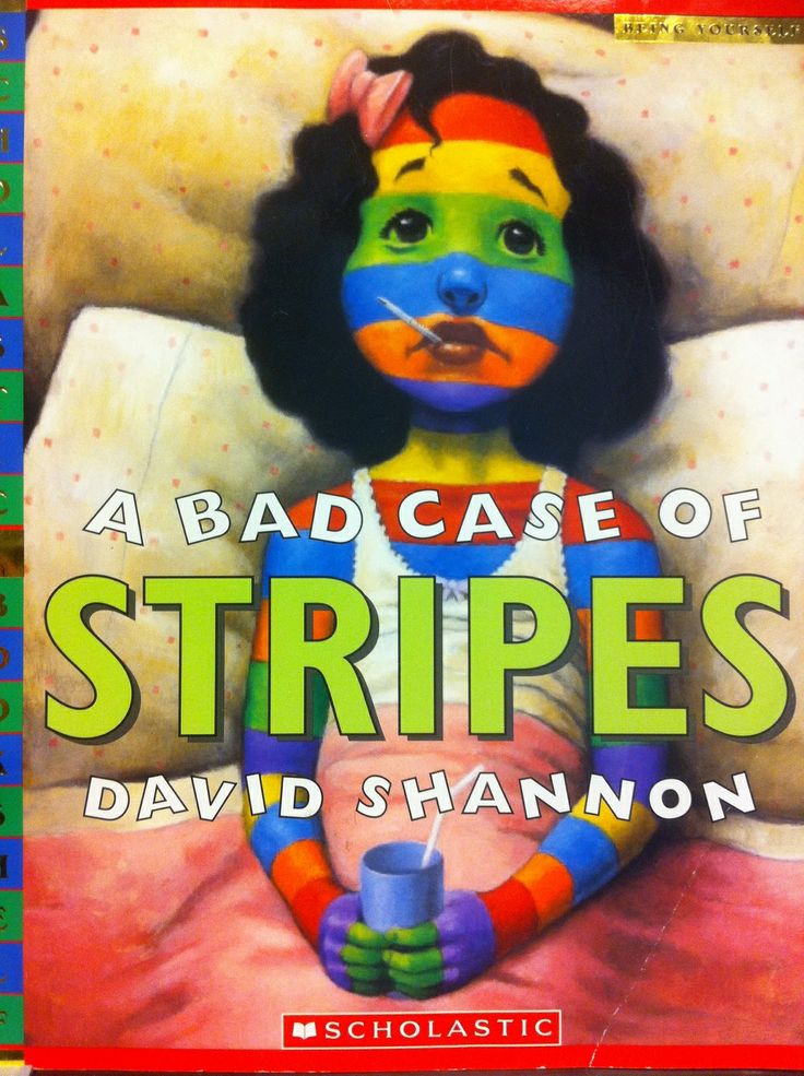 a book cover for a bad case of striped stripes by david shannon, featuring a doll on a bed