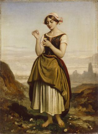 a painting of a woman standing in a field with her hands clasped to her chest