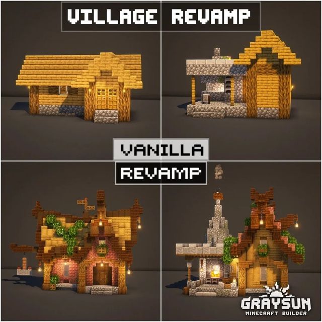 several different images of the front and side of a house in minecraft with text that reads village reamp vanilla revamp