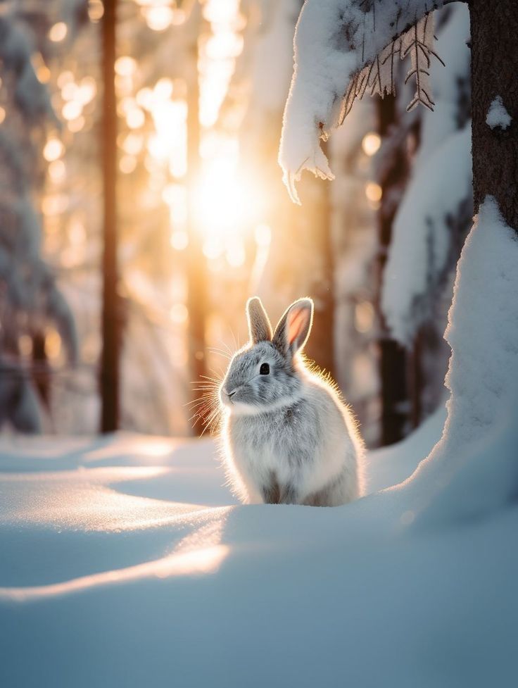 a small rabbit sitting in the snow next to a tree with the sun shining behind it