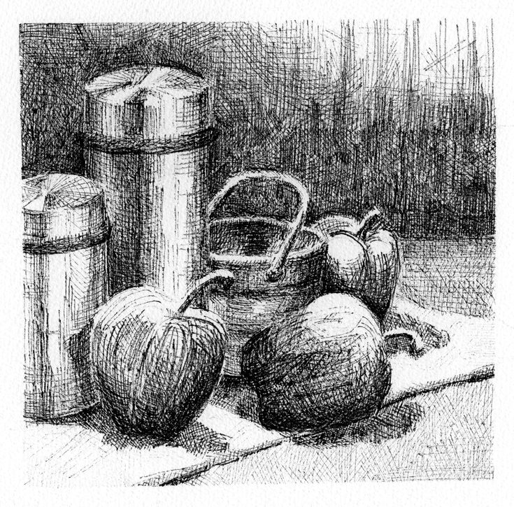 a pencil drawing of some fruit on a table