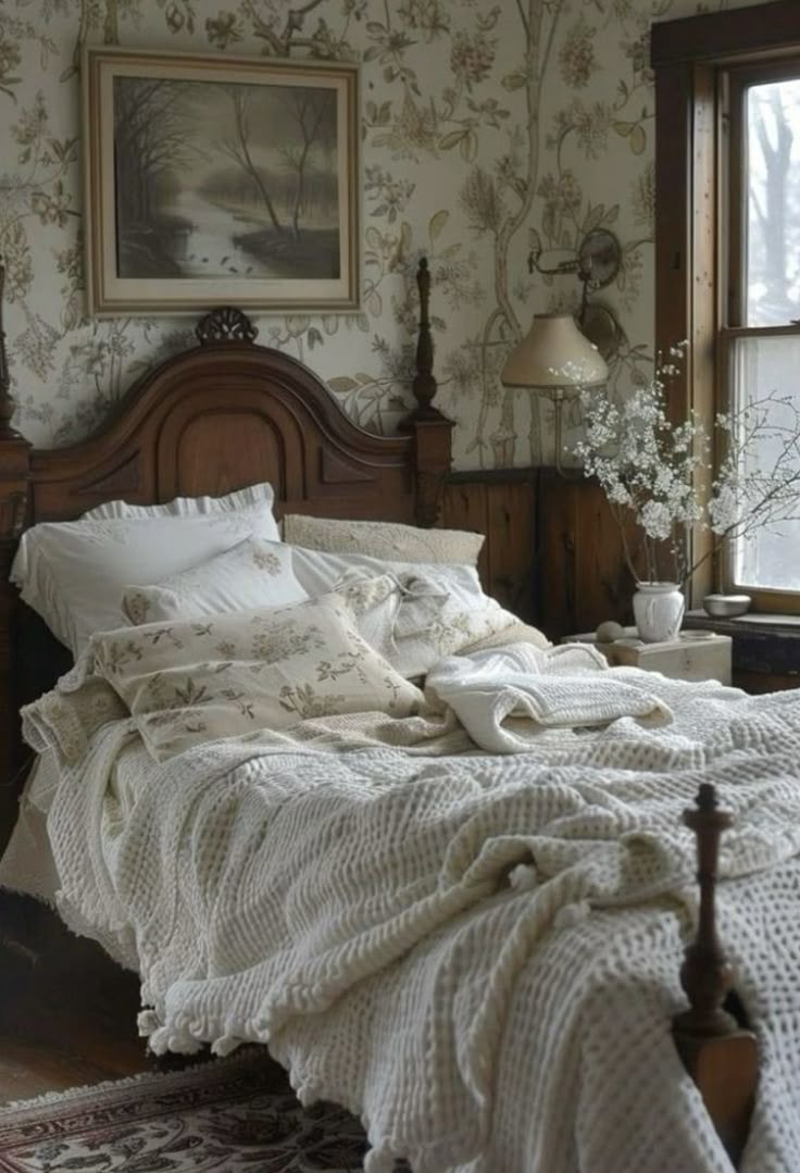 a bed sitting in a bedroom next to a window covered in white blankets and pillows