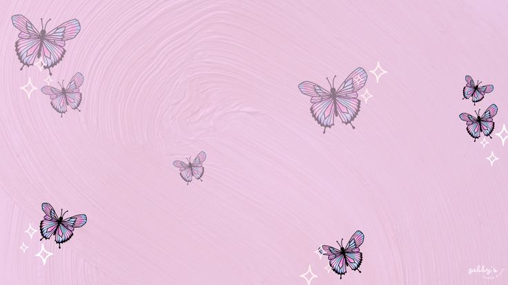 several pink butterflies flying in the air on a pink background with white crosses and stars