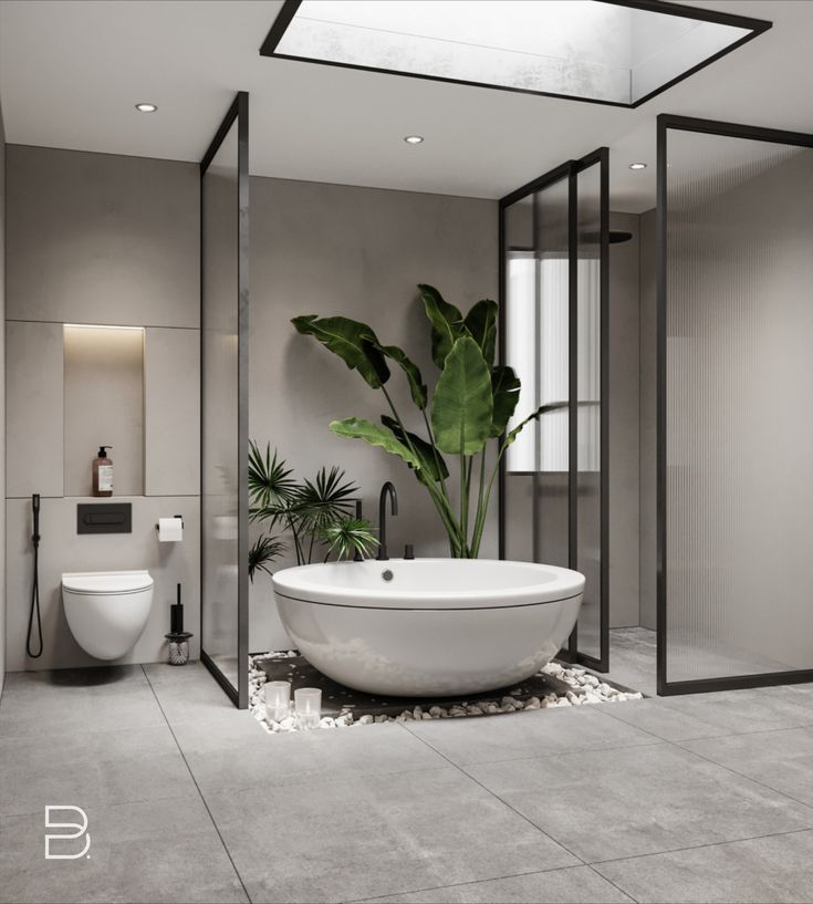 a bathroom with a large plant in the corner and a white bathtub next to it