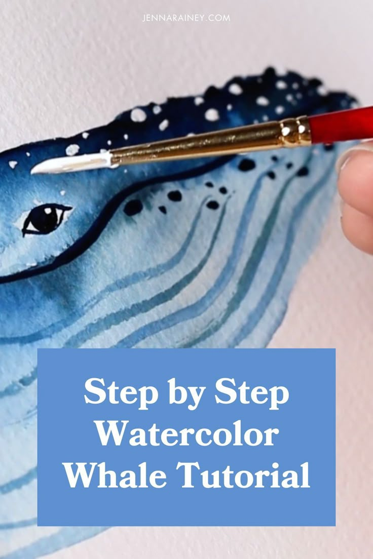 someone is painting a blue whale with watercolors on it and the words, step by step watercolor whale tutor