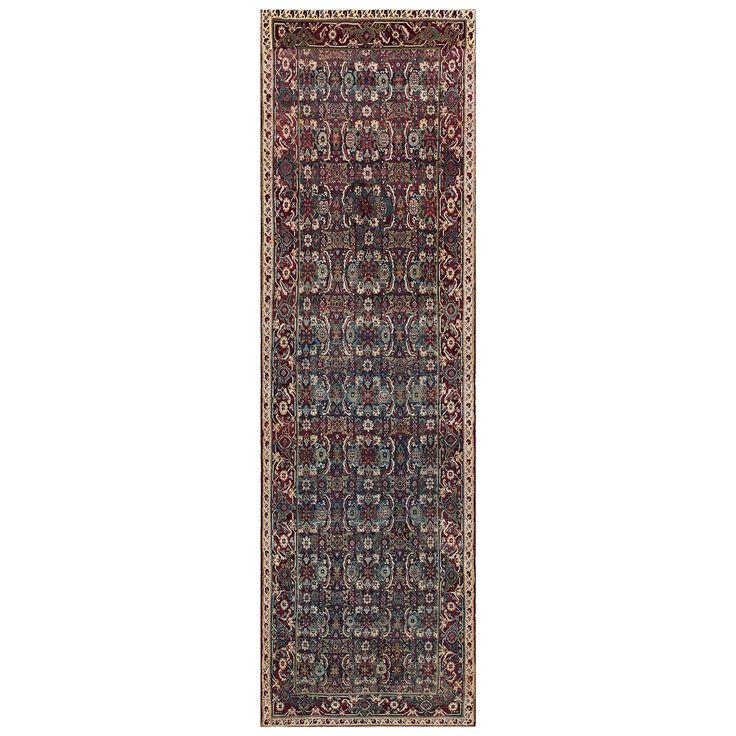 This antique, late 19th century, Agra runner has a shaded sea-blue field with an overall burgundy-red, ivory and sea-green herati-pattern, in a burgundy-red border of ivory and shaded blue meandering flowerhead vine between shaded green and blue plain stripes, an outer ivory floral vine stripe. Deco Luminaire, Indian Rugs, Floral Vine, Agra, Sea Green, Rugs And Carpet, Burgundy Red, Blue Sea, Rugs On Carpet