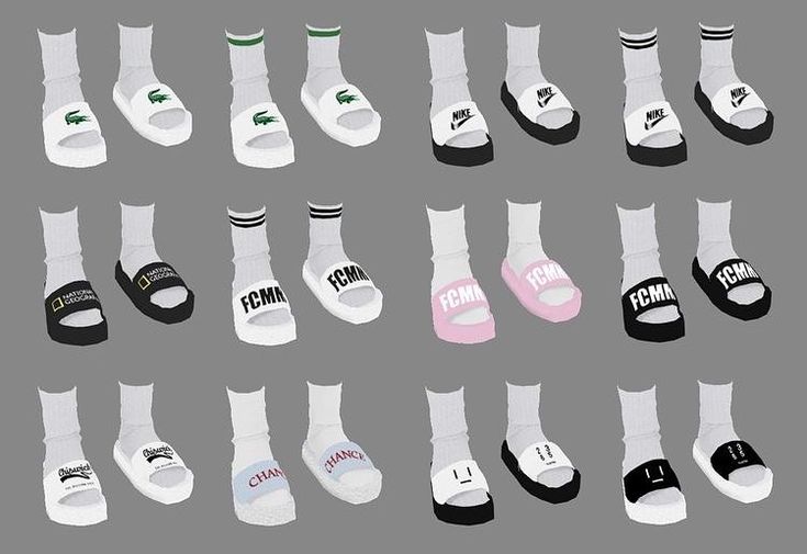 many pairs of socks with different colors and designs on the feet, all in different sizes