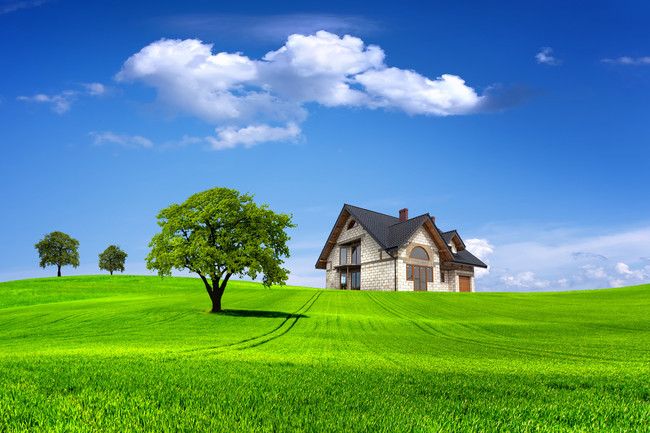 a house in the middle of a green field with a tree on it's side